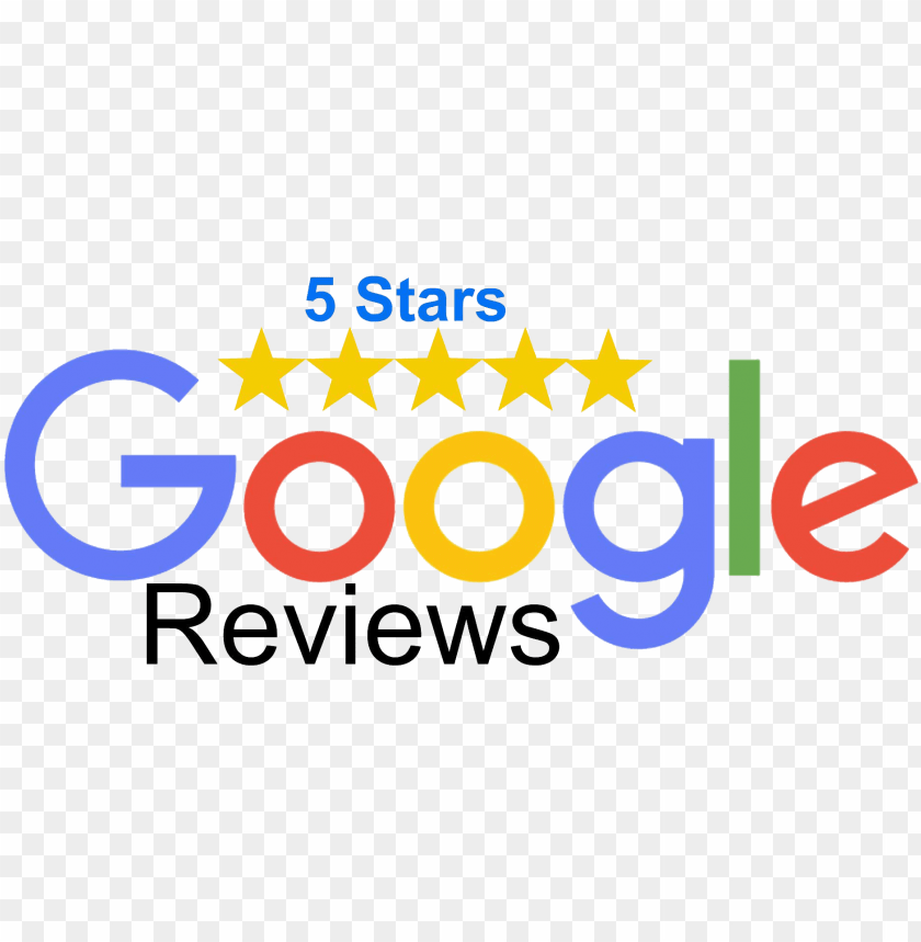 The image features the Google logo, with the word "Reviews" below it. Above the logo, there are five gold stars and the text "5 Stars" written in blue, indicating a high rating for Google Reviews on gate repair services. The background is a transparent checkered pattern.