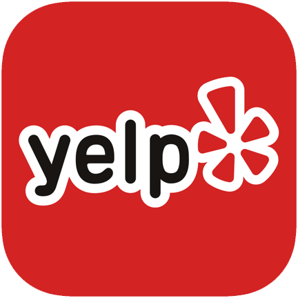 The image shows the Yelp logo. It consists of the word "yelp" in lowercase letters, with "yel" in black and "p" in red, followed by a stylized red and white exclamation mark resembling a burst or flower, set against a red background with rounded corners, much like an electric gate sign you might see in Houston.