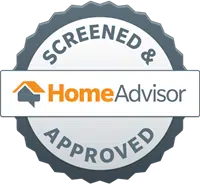 A circular badge with a scalloped edge shows the words "SCREENED & APPROVED" at the top and bottom. In the center, an orange house icon is next to the text "HomeAdvisor" in orange and gray, making it ideal for driveway gate technicians seeking trusted services.