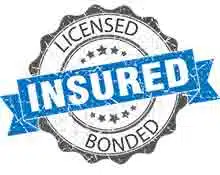 A blue and white badge featuring the words "Licensed," "Bonded," and "Insured." The word "INSURED" is prominent and in large blue letters across a ribbon in the center, while "LICENSED" and "BONDED" are written above and below within the circular badge, assuring Houston's driveway gate technicians.