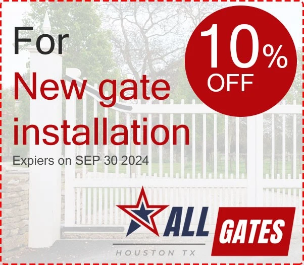 Advertisement graphic for All Gates, Houston TX, offering 10% off on new driveway gate installation. The text states that the offer expires on September 30, 2024. The background features an image of a white electric gate.