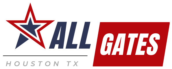 The image displays a logo that includes a red and blue star followed by the word "ALL" in blue text. To the right, a red rectangle contains the word "GATES" in white text. Below the logo, the words "Houston TX" are written in gray, emphasizing their specialized driveway gate repair services.