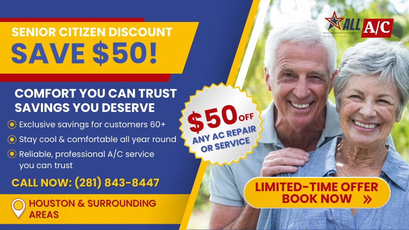 Happy senior couple smiles outdoors. Local Houston company All A/C offers $50 senior discount on professional AC repair or air conditioning service. Booking info shown.