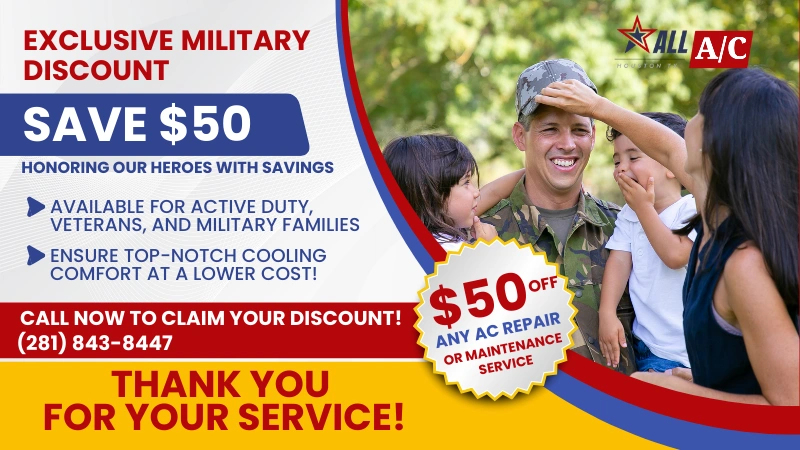 A smiling soldier with family enjoys a moment. Overlay text offers Houston military families $50 off local, professional AC repair service. Phone number included.