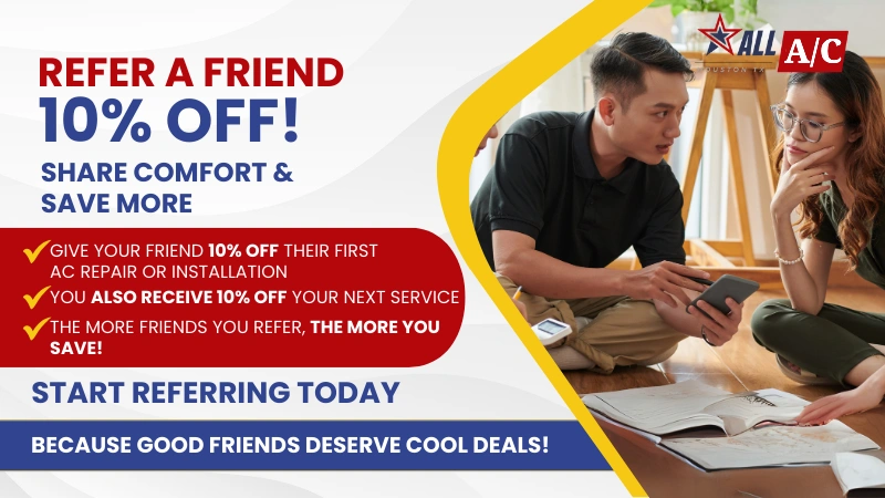 Two people discuss documents, promoting a “Refer a Friend 10% Off!” offer for Houston AC repair or installation by a local professional company.